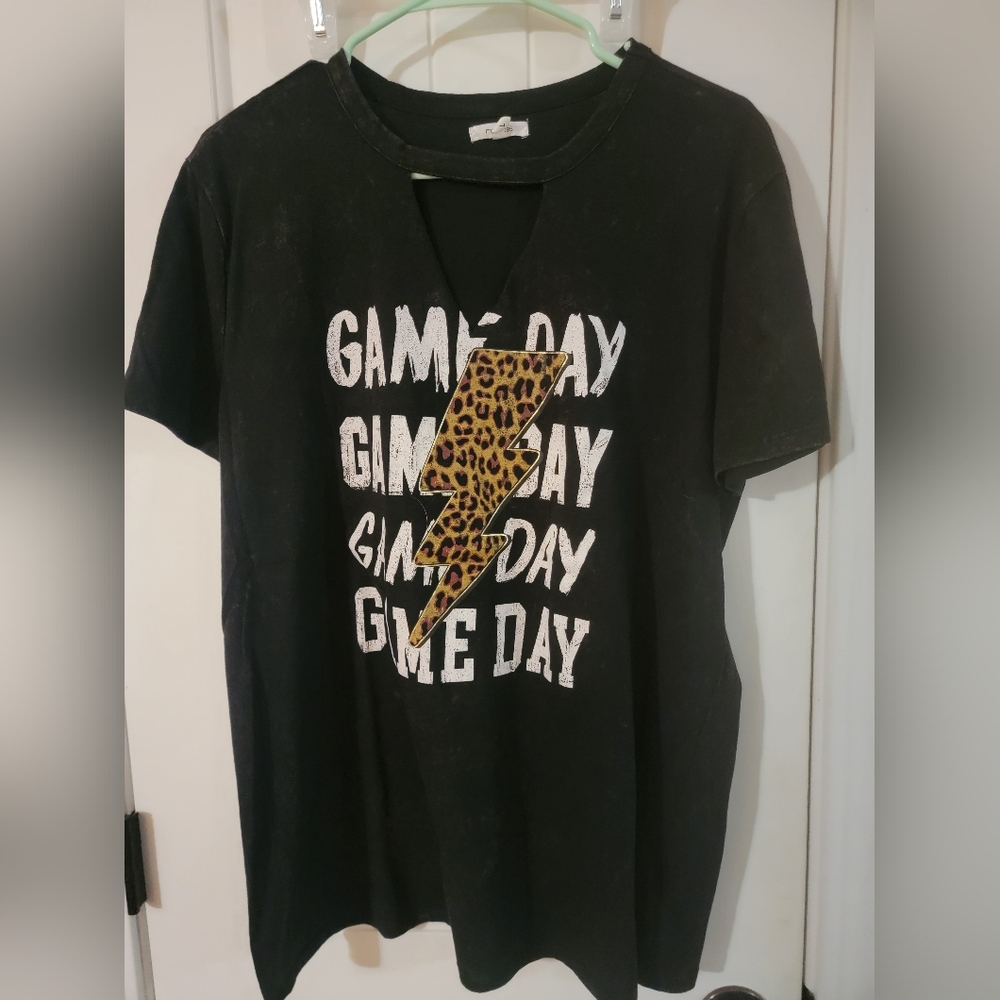 Black Game Day T-Shirt with Leopard Print Lightning Bolt
